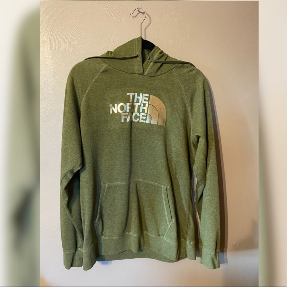XL The North Face Army Green Hoodie Gold Logo